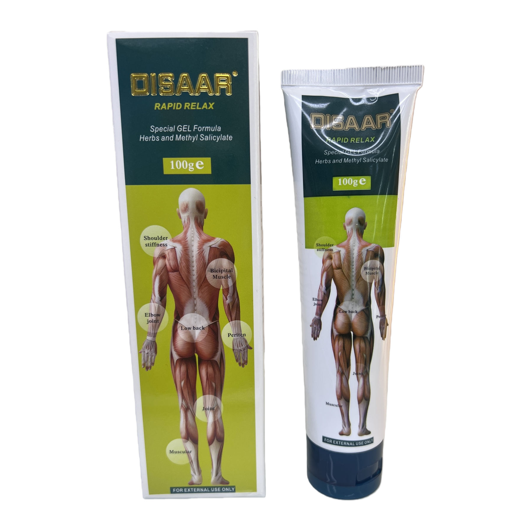 DISAAR RAPID RELAX Herbal Muscle Massage and Pain Relief Gel 100g Shoulder, Back and Elbow Joint muscle Soothing Tube packaging box External therapeutic product Item Picture