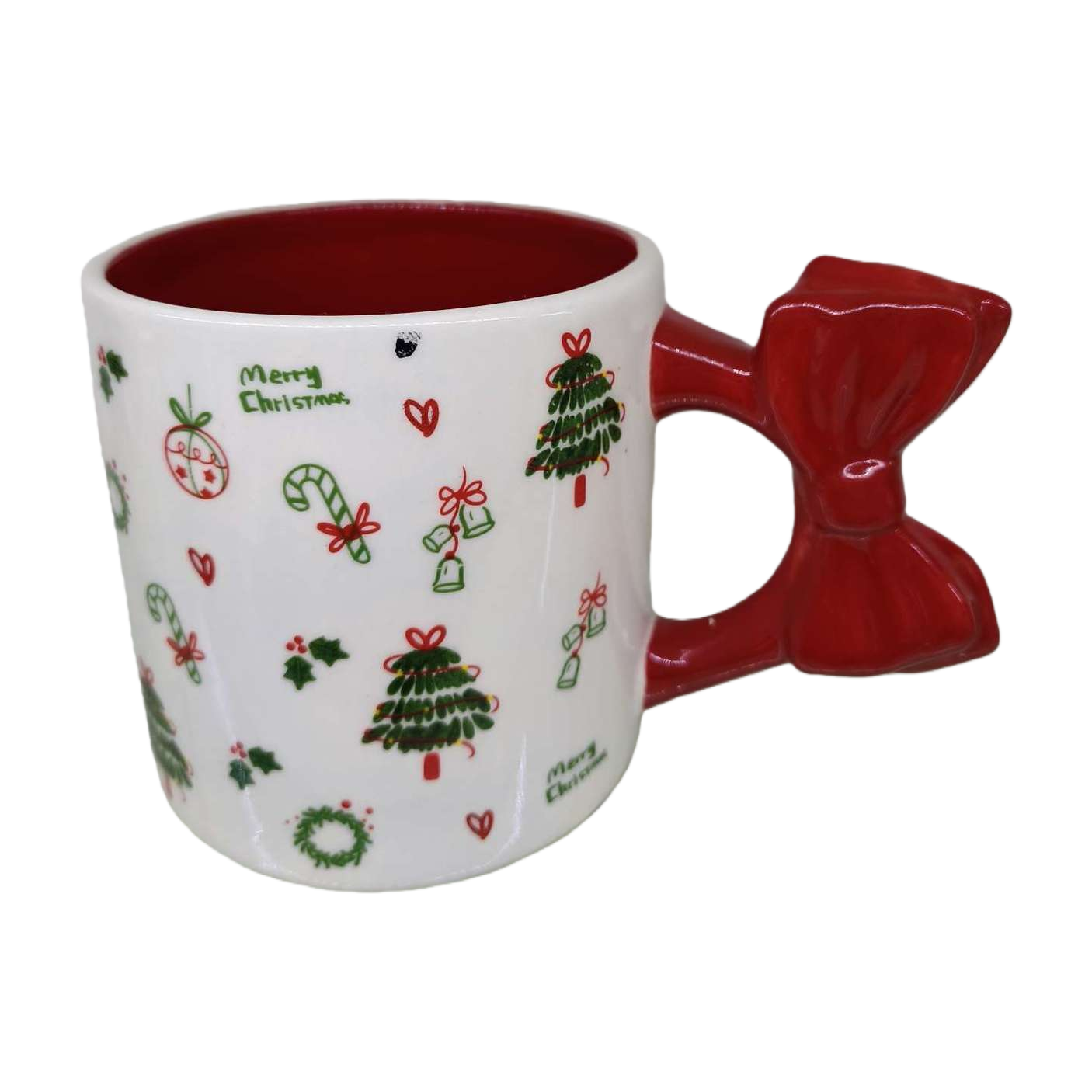 Christmas-themed ceramic cups with red bow handles, creative home decoration items for festive gifts Item Picture