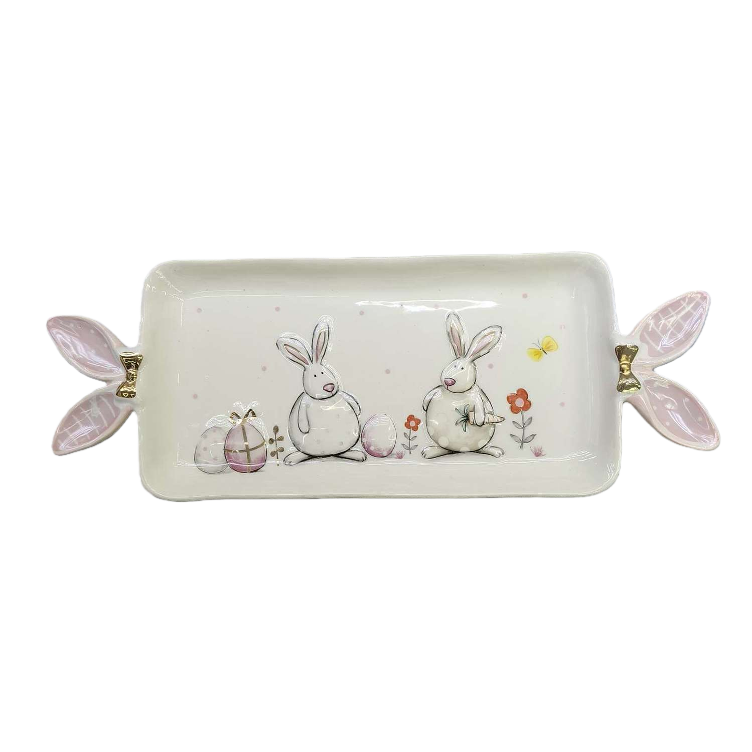 Bandeja de cerámica blanca asa de oreja de conejo rosa pintada de pascua decorativa para el hogar vajilla creativa pieza de juego 170448302 Item Picture
