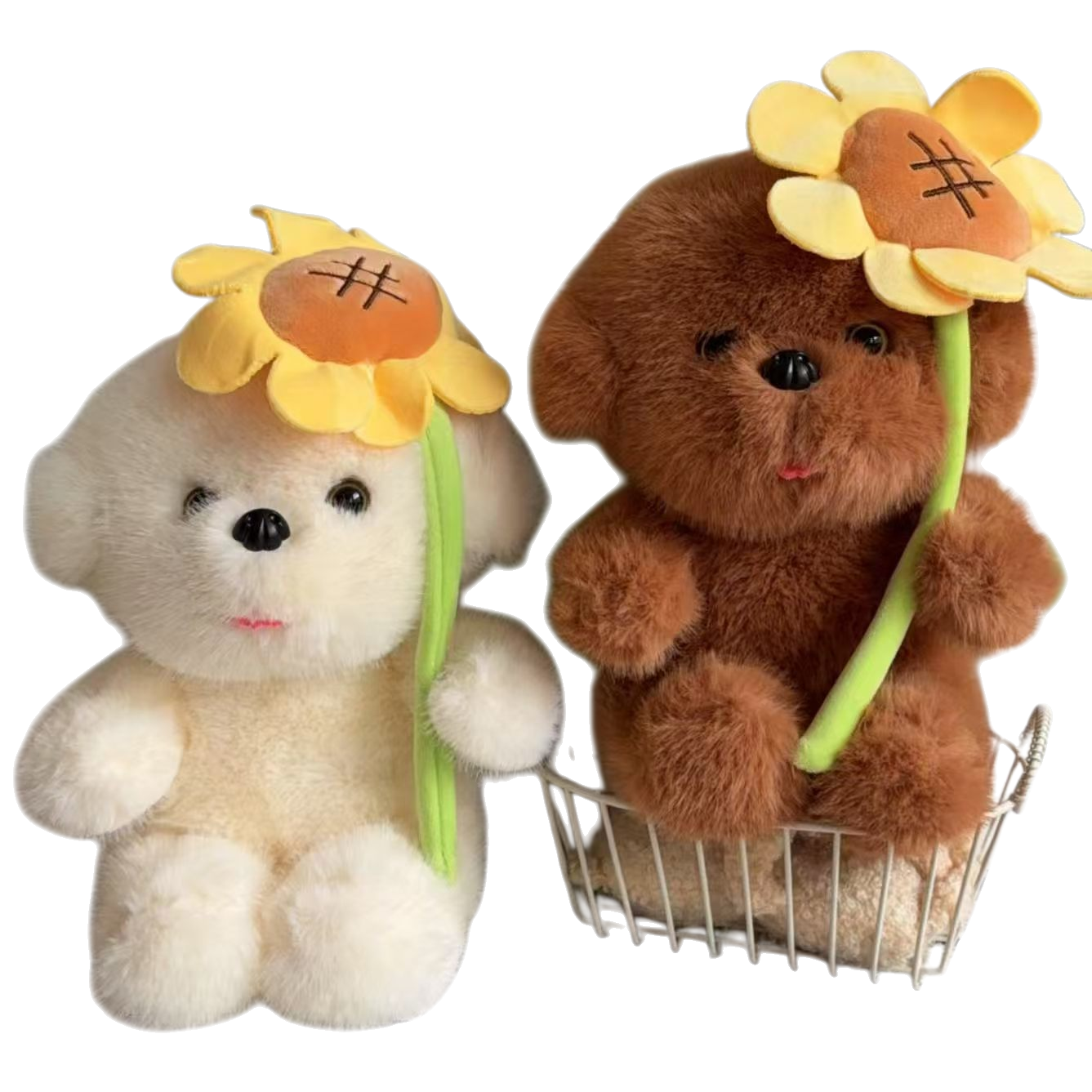 White plush puppy doll, brown plush puppy doll, sunflower decoration, cute throw pillow, fabric doll, gift collection Item Picture