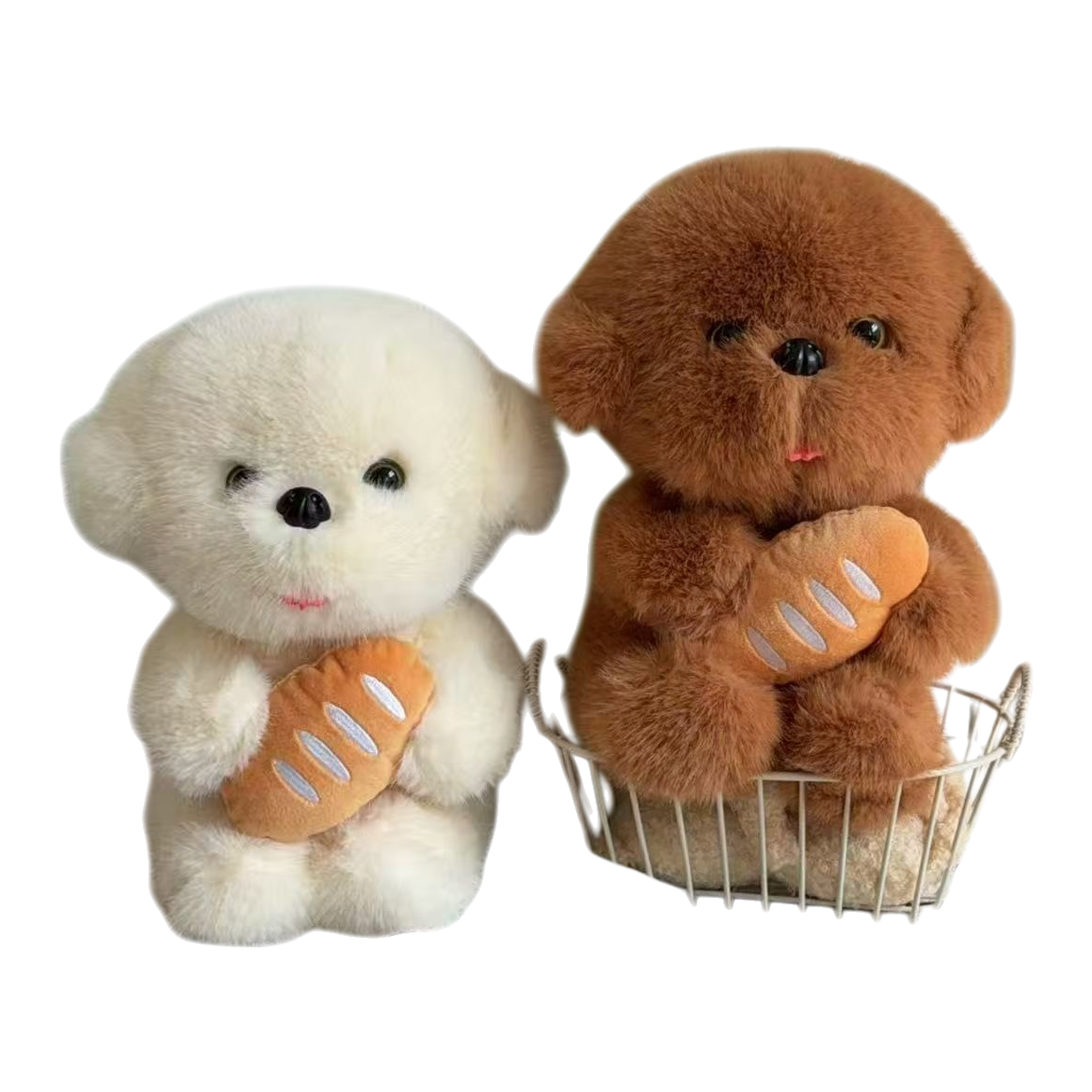 Cute white plush dog hugging bread, warm doll, brown plush dog sitting in a basket, casual hug as a souvenir Item Picture