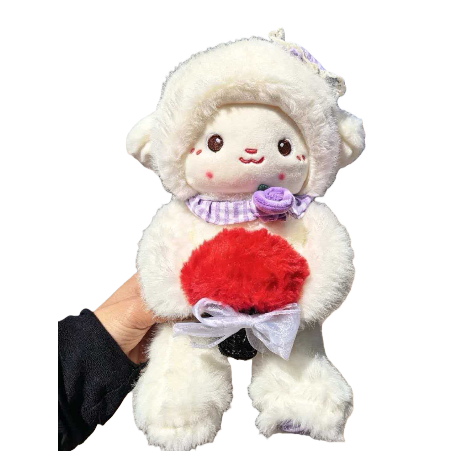 A cute white plush sheep doll with a purple lace hat and striped scarf, holding a red pom-pom bouquet as a children's fabric gift Item Picture