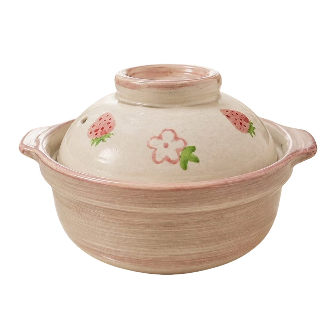 Pink striped ceramic stew pot with strawberry flower-patterned lid, household multi-functional soup pot kitchenware Item Picture