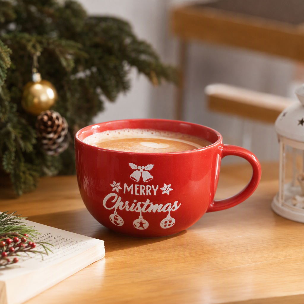 Creative Christmas home decoration with red ceramic water cups, warm coffee and tea sets as gifts details Picture