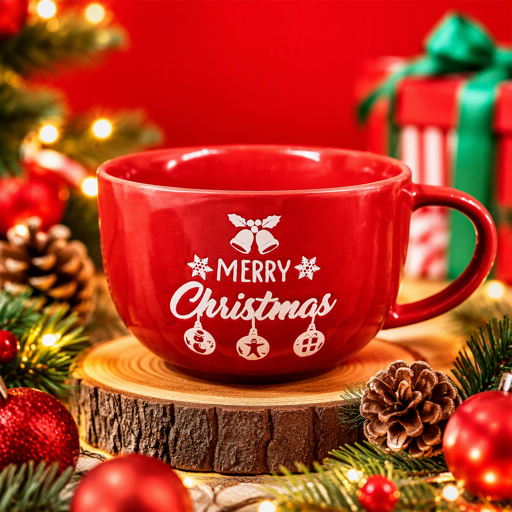Creative Christmas home decoration with red ceramic water cups, warm coffee and tea sets as gifts Specification image