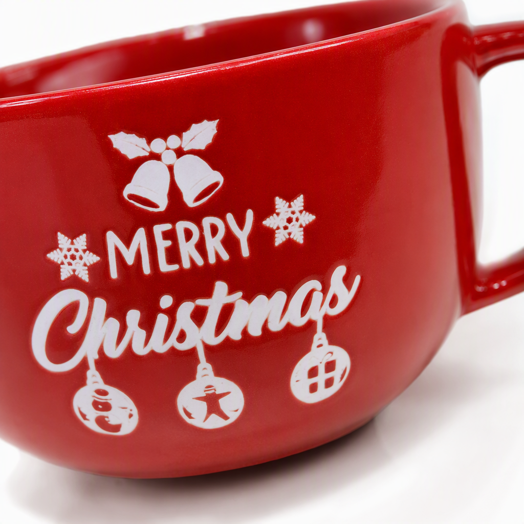 Creative Christmas home decoration with red ceramic water cups, warm coffee and tea sets as gifts Application Scenario