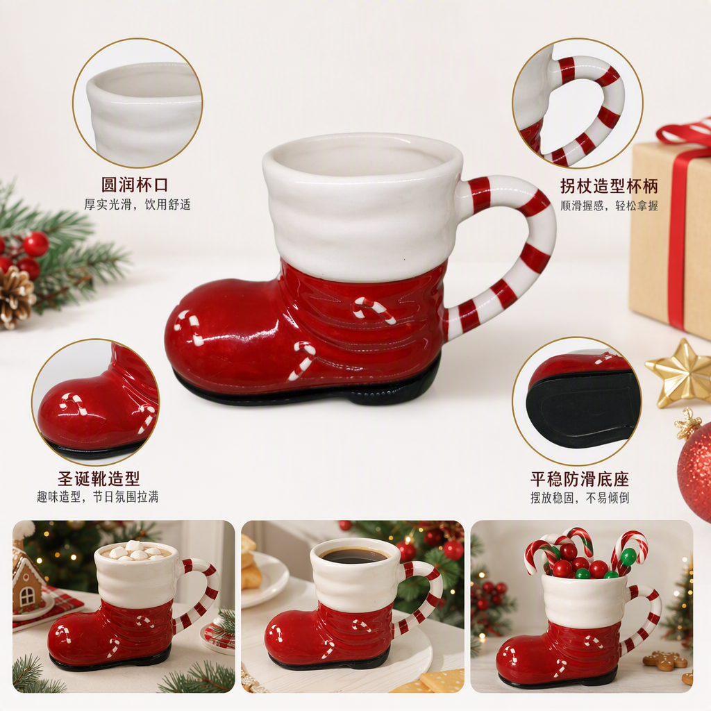 Christmas red boot-shaped mugs, warm Christmas gifts, creative home coffee cups, gift decorations