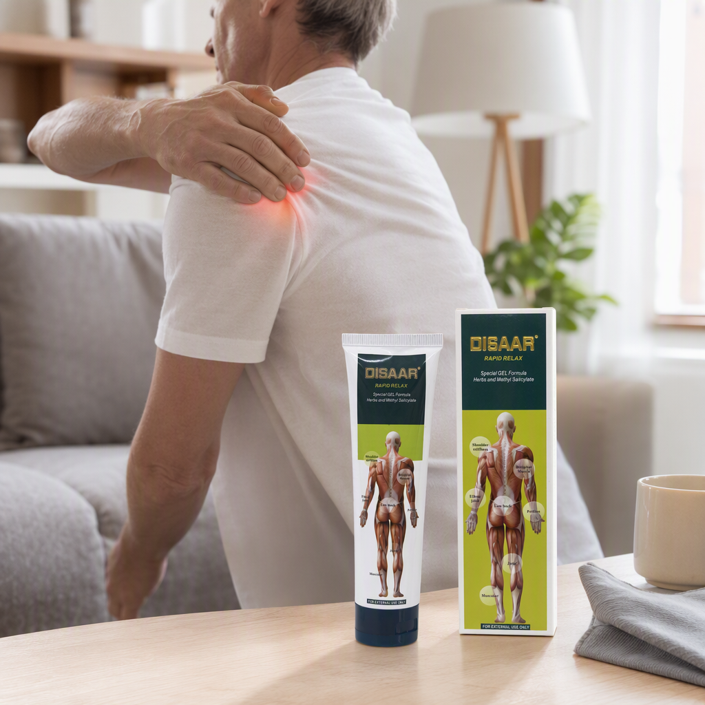 DISAAR RAPID RELAX Herbal Muscle Massage and Pain Relief Gel 100g Shoulder, Back and Elbow Joint muscle Soothing Tube packaging box External therapeutic product details Picture