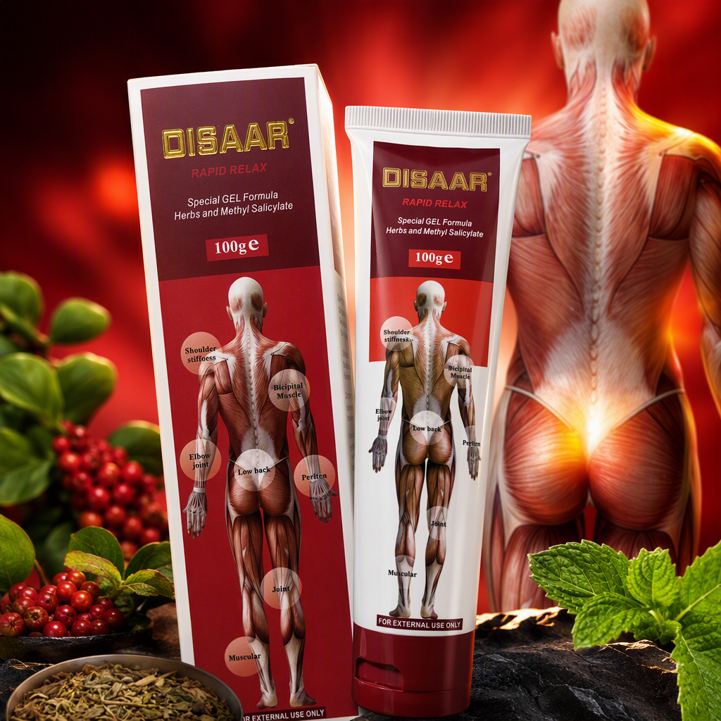 DISAAR RAPID RELAX Herbal Muscle Massage and Pain Relief Gel 100g Shoulder, Back and Elbow Joint muscle Soothing Tube packaging box External therapeutic product Specification image