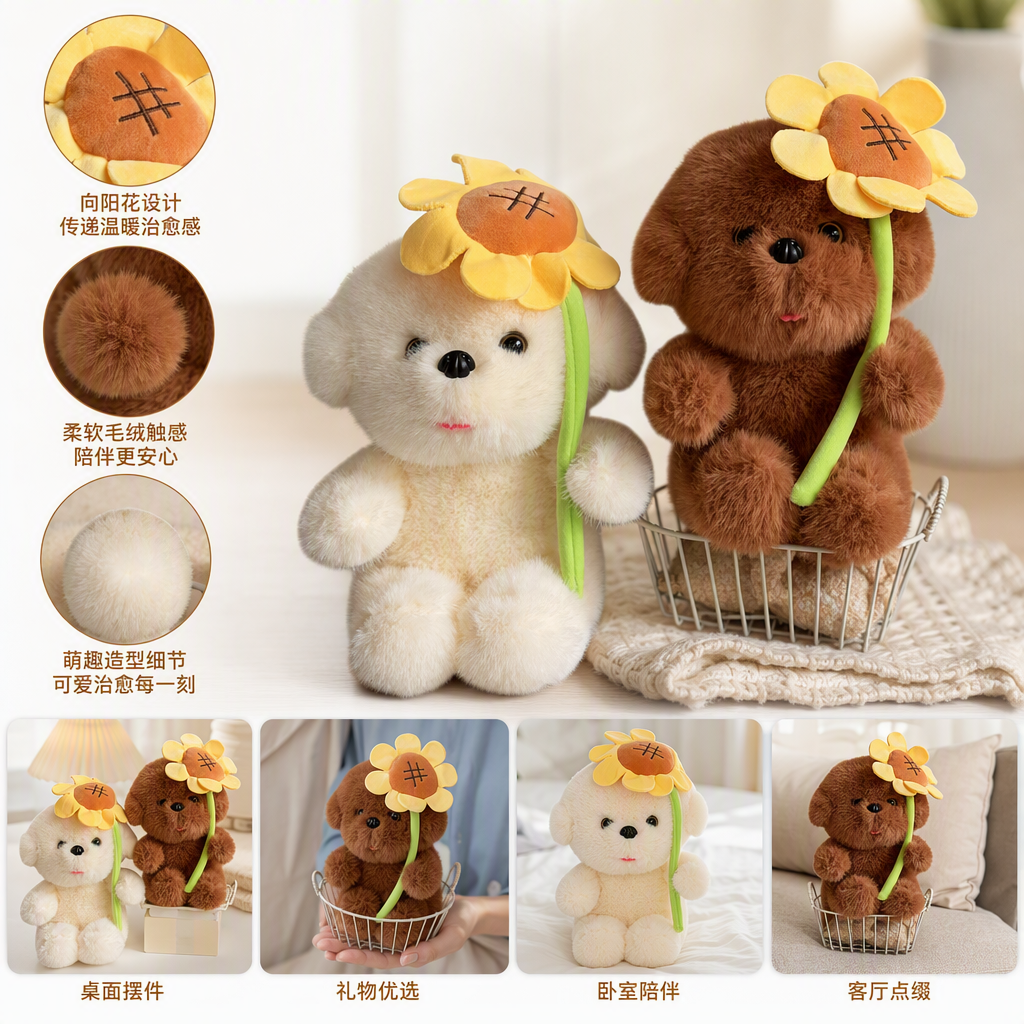 White plush puppy doll, brown plush puppy doll, sunflower decoration, cute throw pillow, fabric doll, gift collection