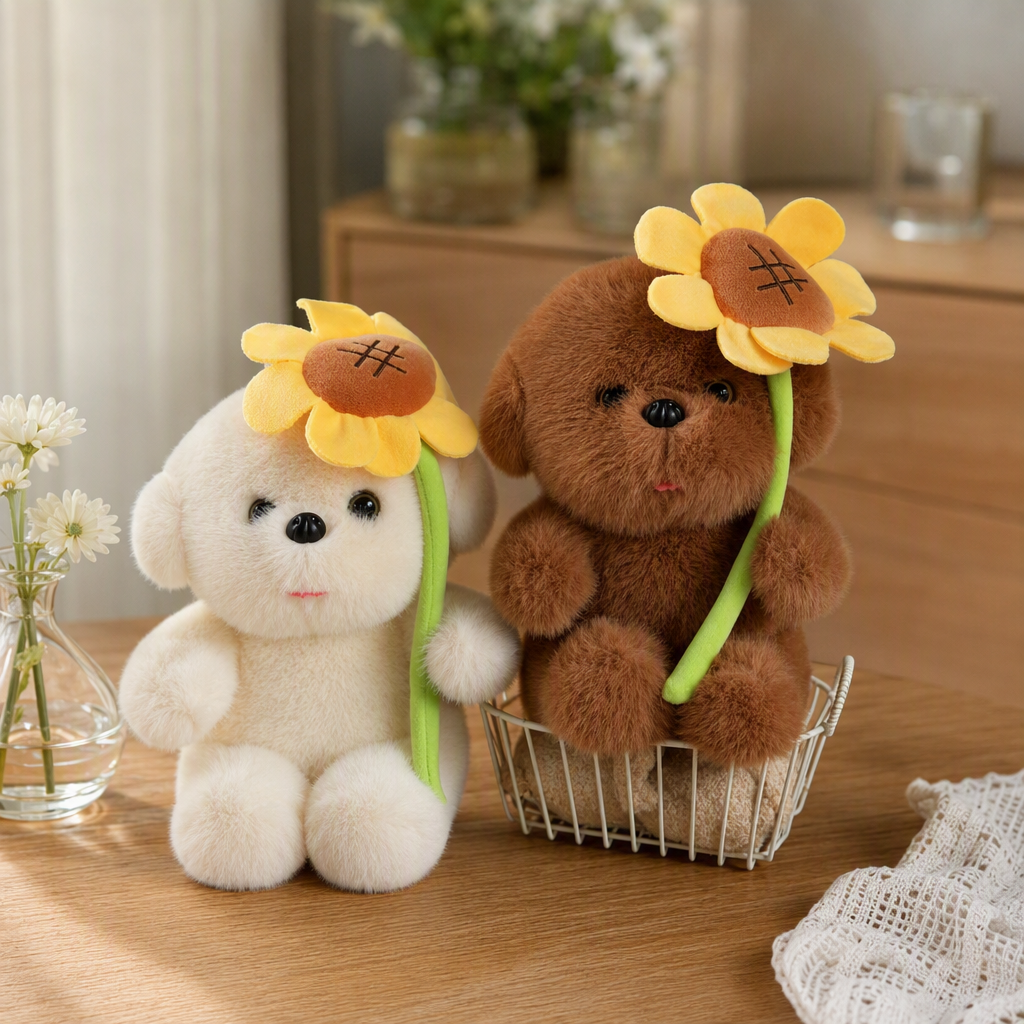 White plush puppy doll, brown plush puppy doll, sunflower decoration, cute throw pillow, fabric doll, gift collection details Picture