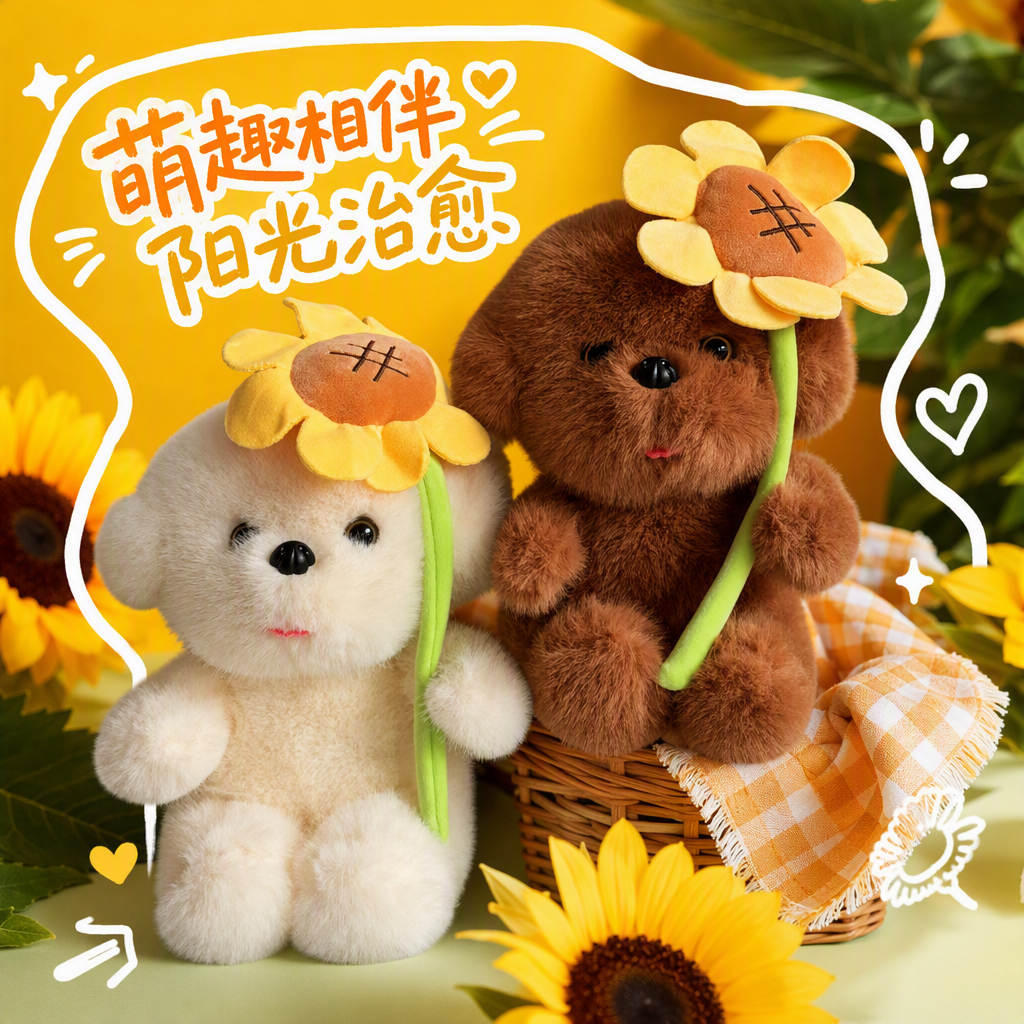 White plush puppy doll, brown plush puppy doll, sunflower decoration, cute throw pillow, fabric doll, gift collection Specification image