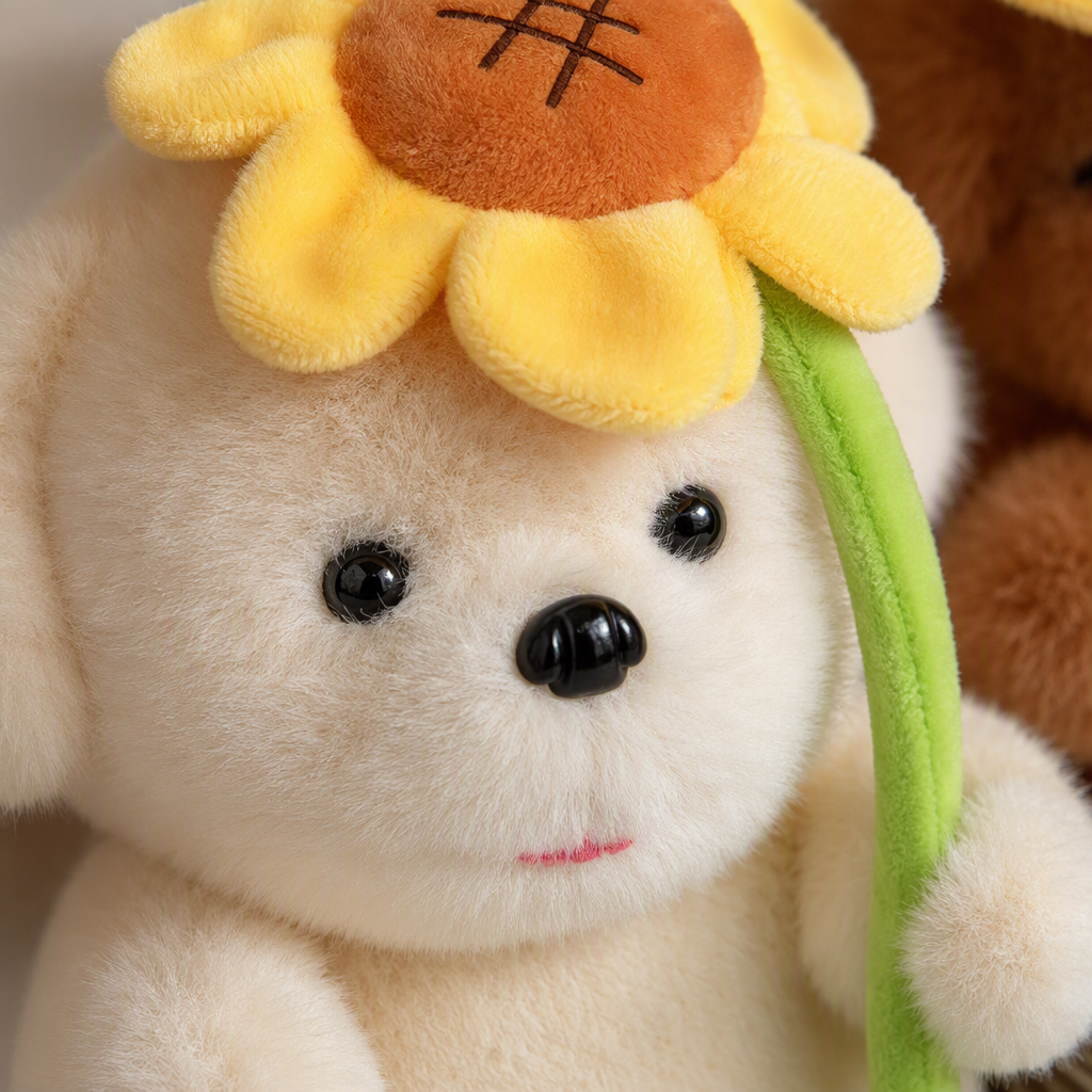 White plush puppy doll, brown plush puppy doll, sunflower decoration, cute throw pillow, fabric doll, gift collection Application Scenario