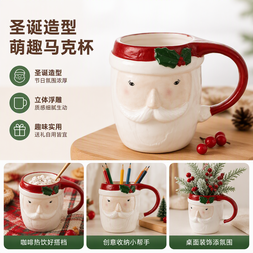 Santa Claus shaped mug with red handle, a warm and cozy home decoration creative coffee cup