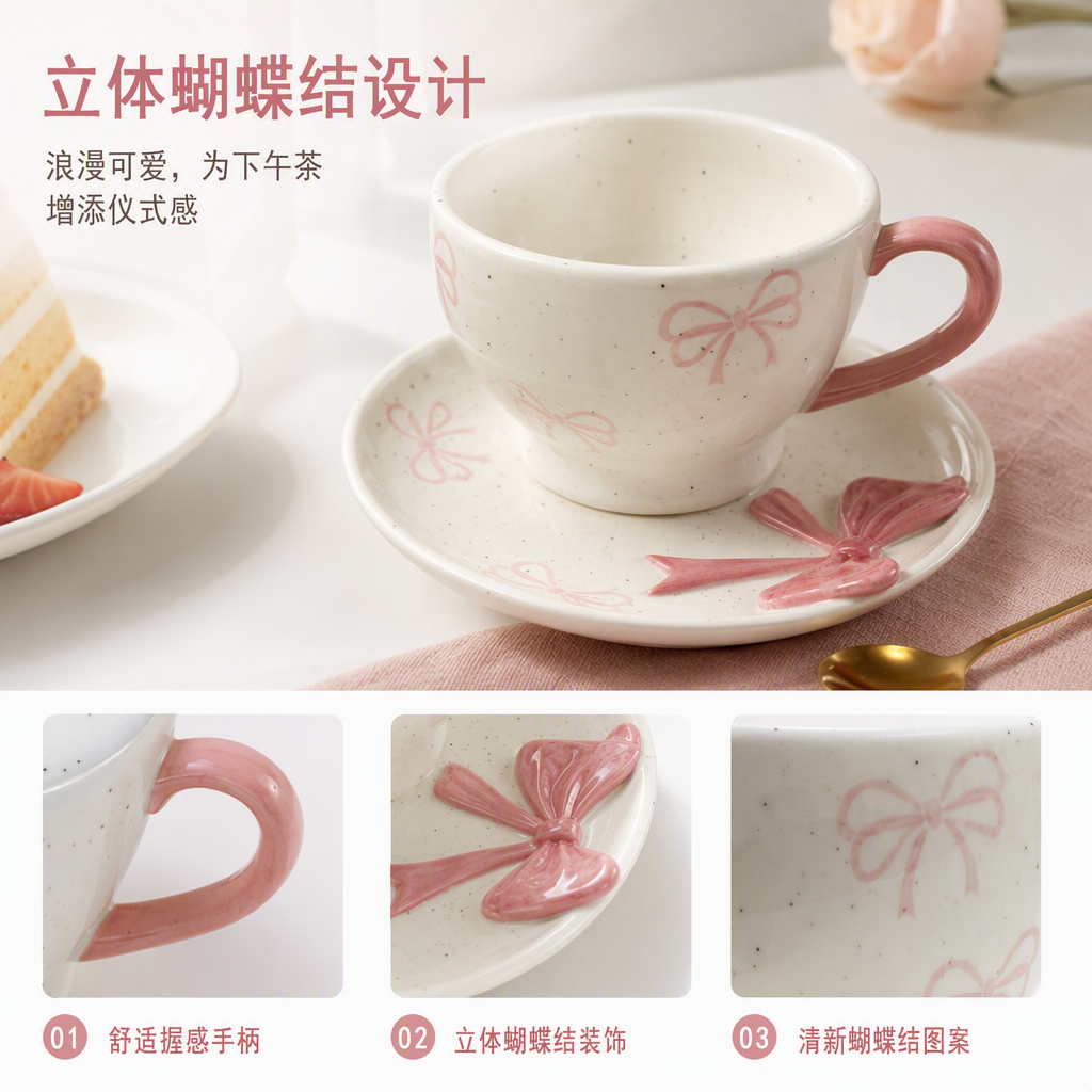 The white ceramic cups and plates with pink bows are cute. This home breakfast coffee and tea set is simple and fashionable