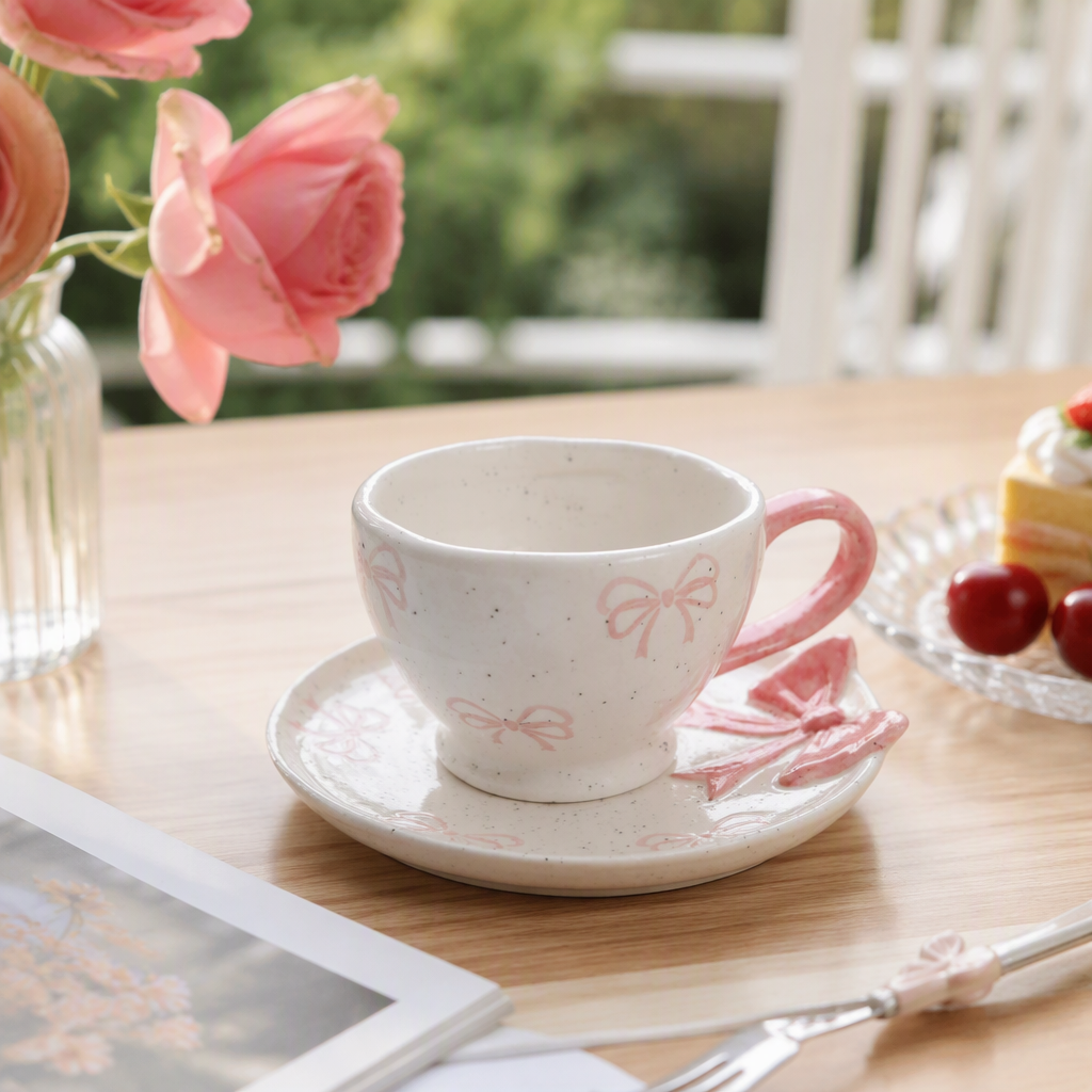 The white ceramic cups and plates with pink bows are cute. This home breakfast coffee and tea set is simple and fashionable details Picture