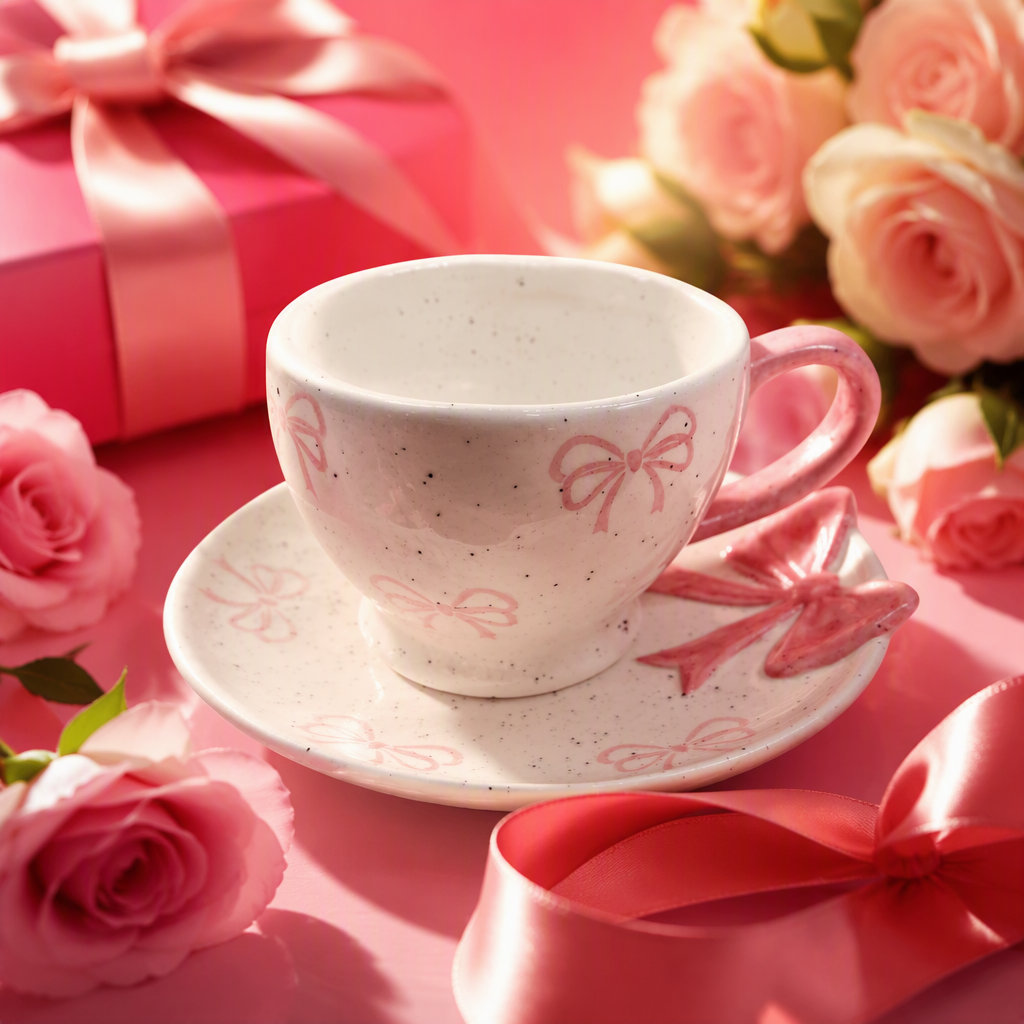 The white ceramic cups and plates with pink bows are cute. This home breakfast coffee and tea set is simple and fashionable Specification image