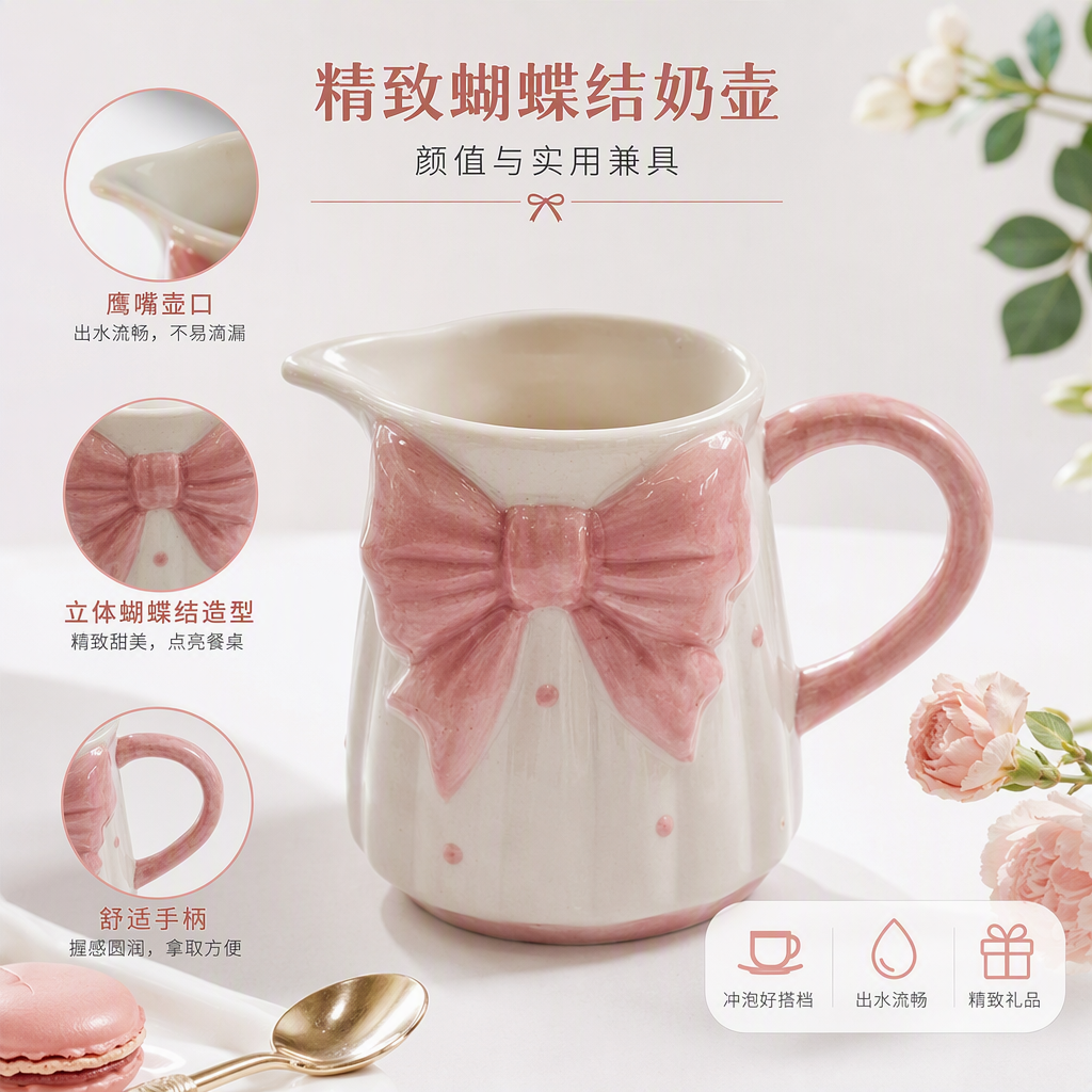 Pink bow ceramic milk pot, cute handcrafted home coffee milk pot, creative breakfast supplies gift decoration