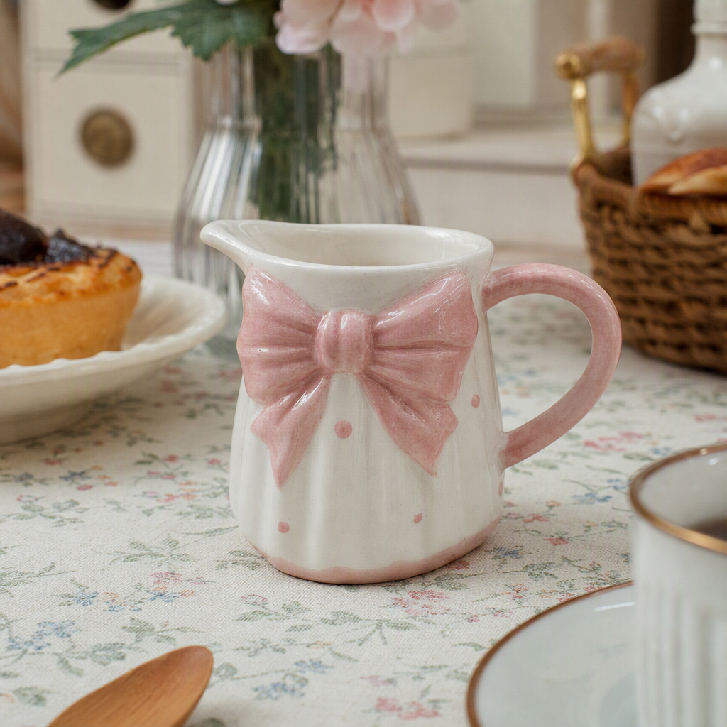 Pink bow ceramic milk pot, cute handcrafted home coffee milk pot, creative breakfast supplies gift decoration details Picture