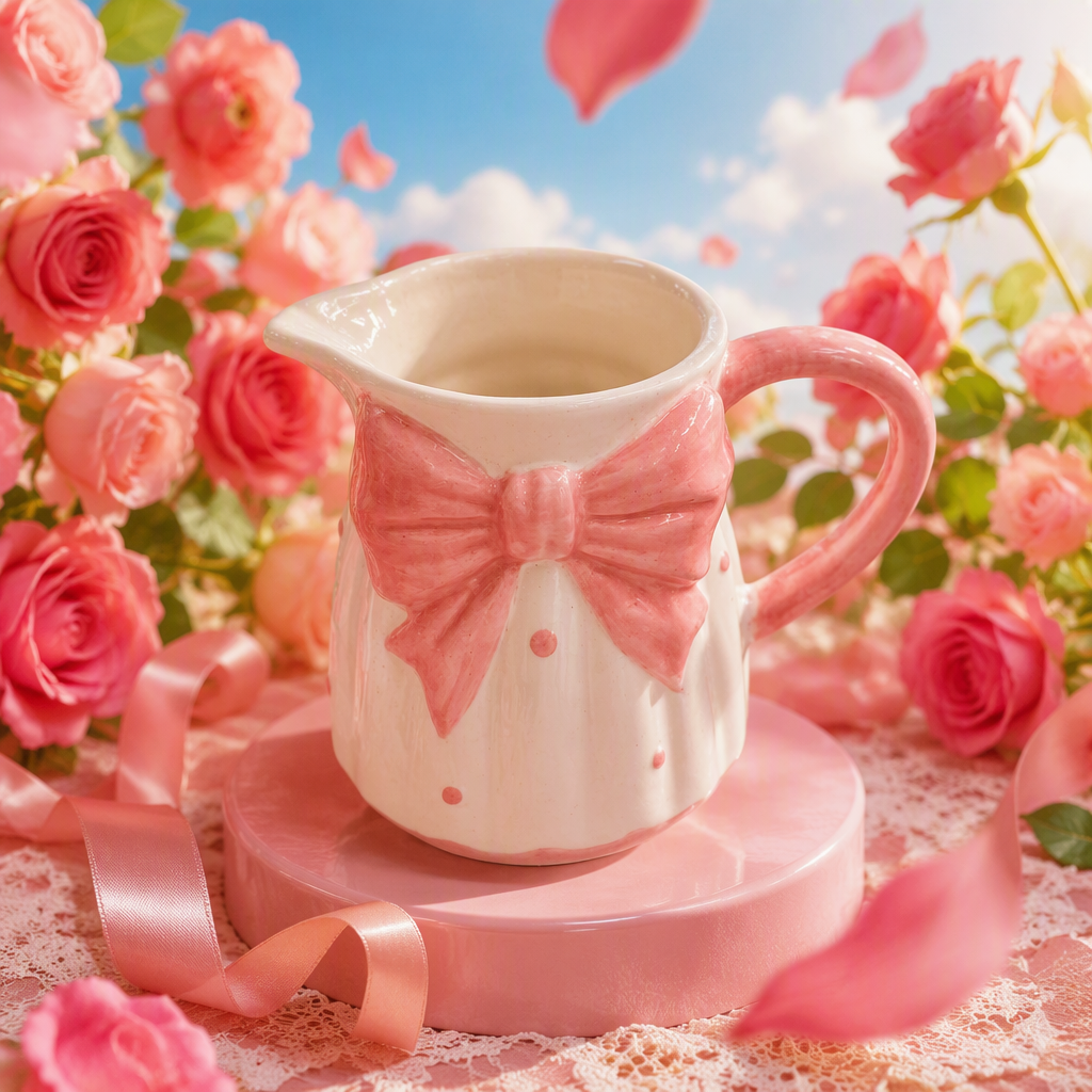 Pink bow ceramic milk pot, cute handcrafted home coffee milk pot, creative breakfast supplies gift decoration Specification image