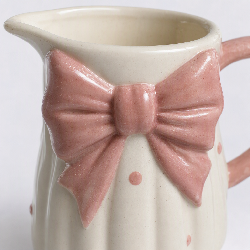 Pink bow ceramic milk pot, cute handcrafted home coffee milk pot, creative breakfast supplies gift decoration Application Scenario