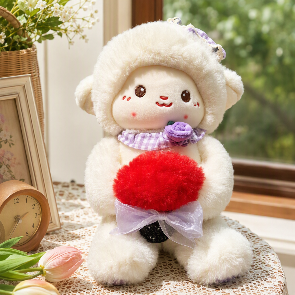 A cute white plush sheep doll with a purple lace hat and striped scarf, holding a red pom-pom bouquet as a children's fabric gift details Picture