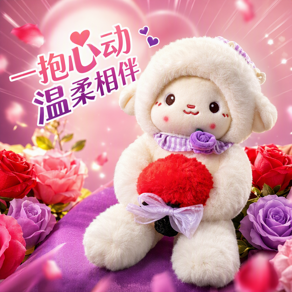 A cute white plush sheep doll with a purple lace hat and striped scarf, holding a red pom-pom bouquet as a children's fabric gift Specification image