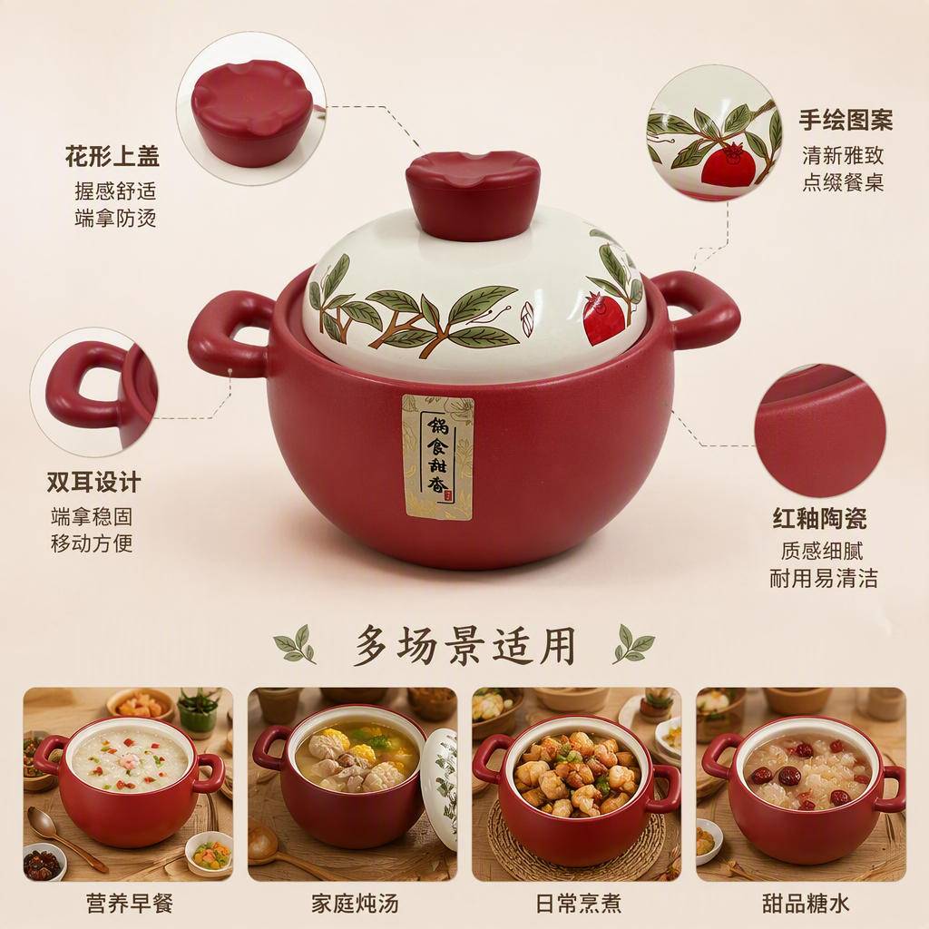 Multi-color ceramic cookware with white LIDS and green plant patterns, kitchen stewing pot, heat-resistant and durable household tableware