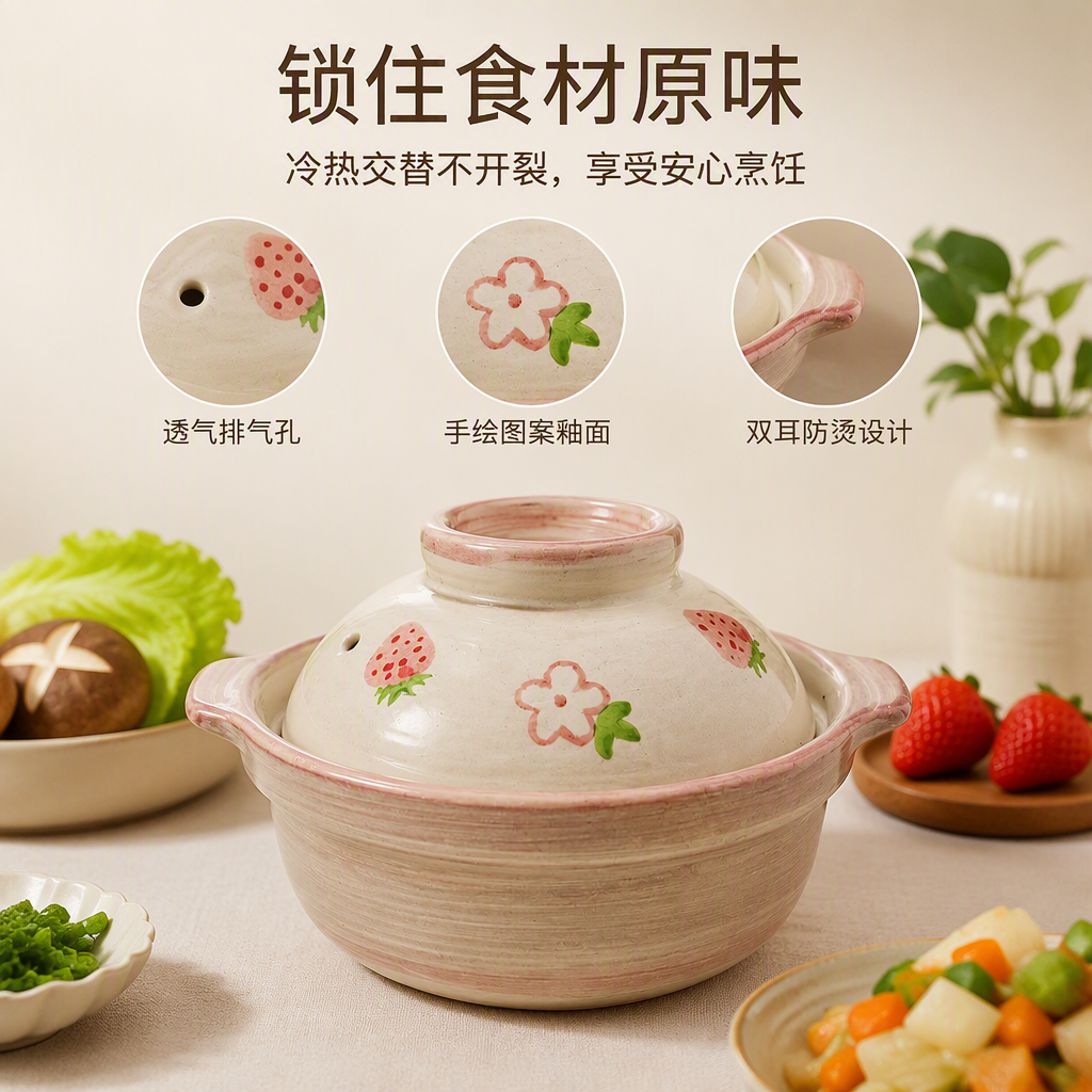 Pink striped ceramic stew pot with strawberry flower-patterned lid, household multi-functional soup pot kitchenware full image