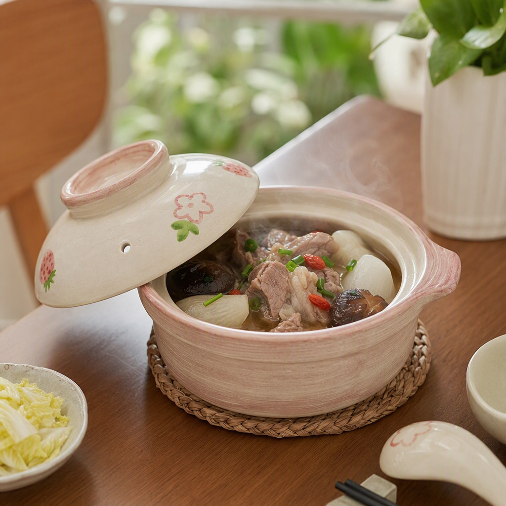 Pink striped ceramic stew pot with strawberry flower-patterned lid, household multi-functional soup pot kitchenware details Picture