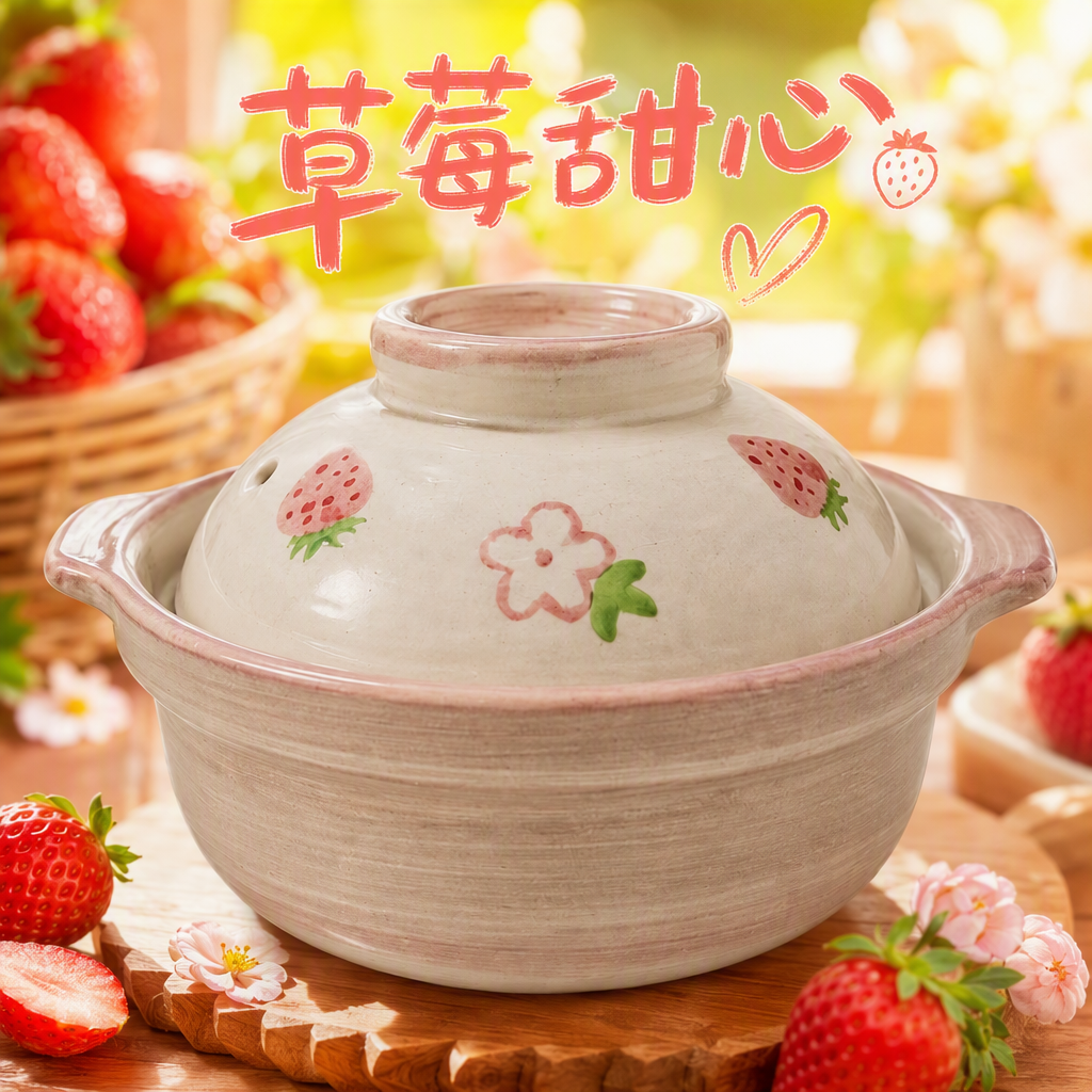 Pink striped ceramic stew pot with strawberry flower-patterned lid, household multi-functional soup pot kitchenware Specification image