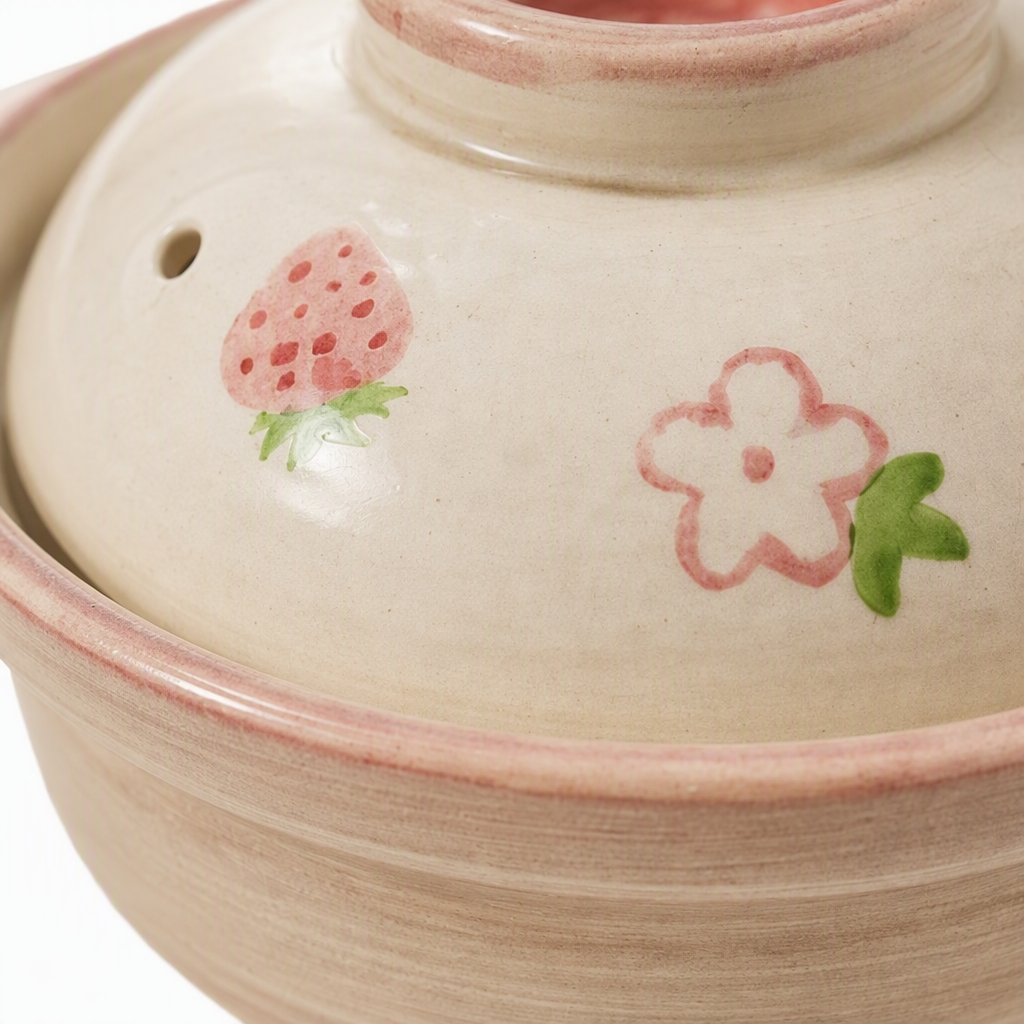 Pink striped ceramic stew pot with strawberry flower-patterned lid, household multi-functional soup pot kitchenware Application Scenario