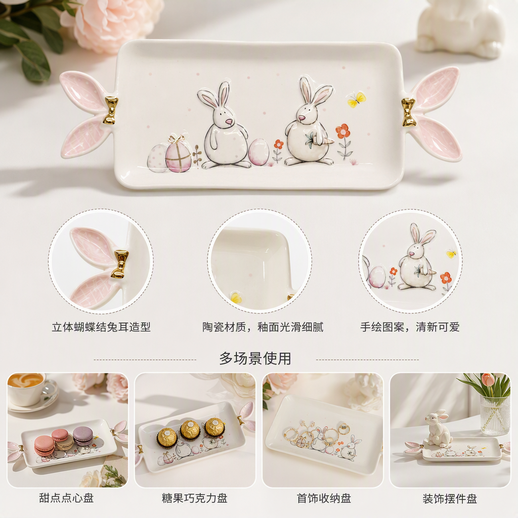 Bandeja de cerámica blanca asa de oreja de conejo rosa pintada de pascua decorativa para el hogar vajilla creativa pieza de juego 170448302