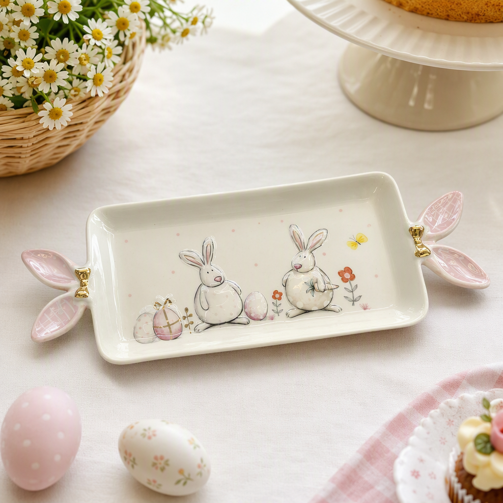 Bandeja de cerámica blanca asa de oreja de conejo rosa pintada de pascua decorativa para el hogar vajilla creativa pieza de juego 170448302 details Picture