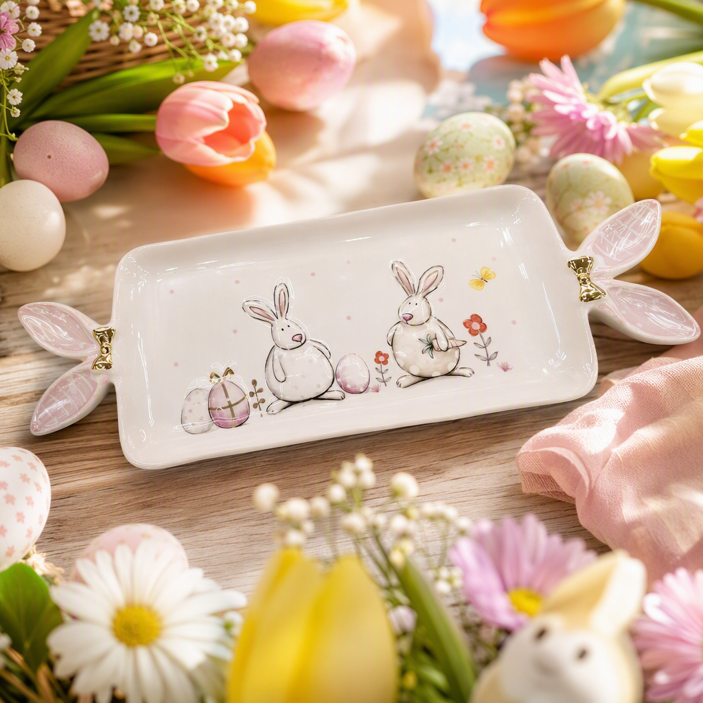 Bandeja de cerámica blanca asa de oreja de conejo rosa pintada de pascua decorativa para el hogar vajilla creativa pieza de juego 170448302 Specification image