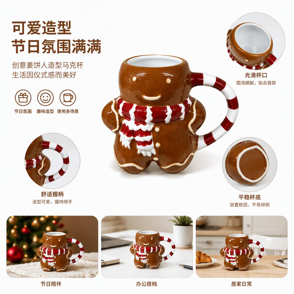 Creative gingerbread man-shaped mug, red and white striped cane candy handle, scarf decoration, warm coffee cup gift