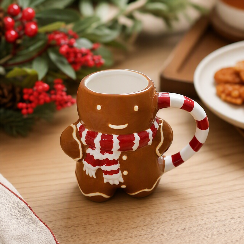 Creative gingerbread man-shaped mug, red and white striped cane candy handle, scarf decoration, warm coffee cup gift details Picture