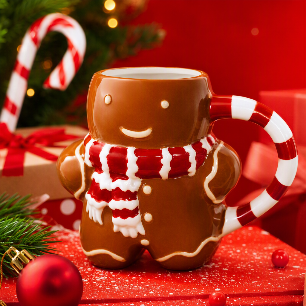 Creative gingerbread man-shaped mug, red and white striped cane candy handle, scarf decoration, warm coffee cup gift Specification image