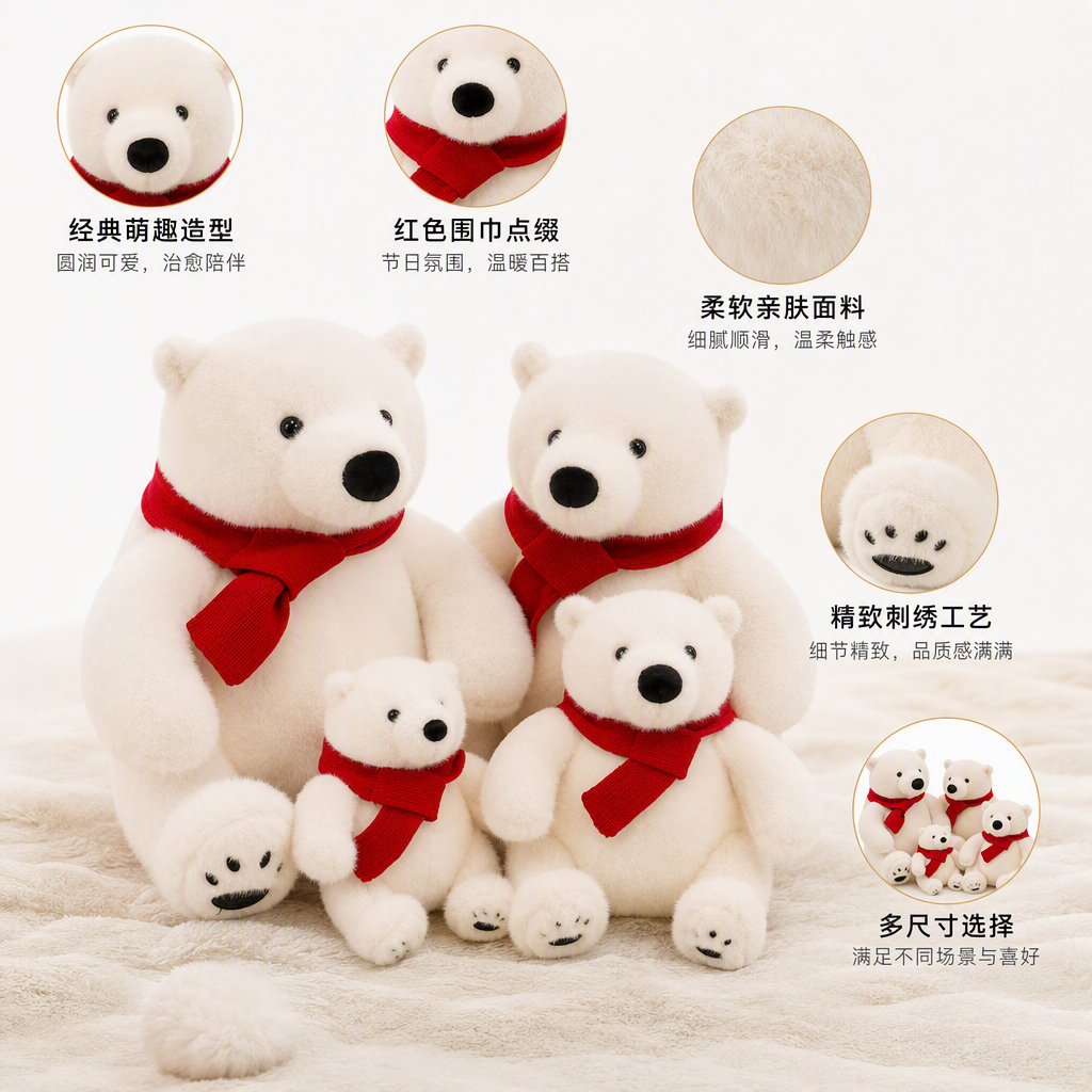 Cute white polar bear plush toy, pillow, fabric doll, children's gift, soft and adorable style
