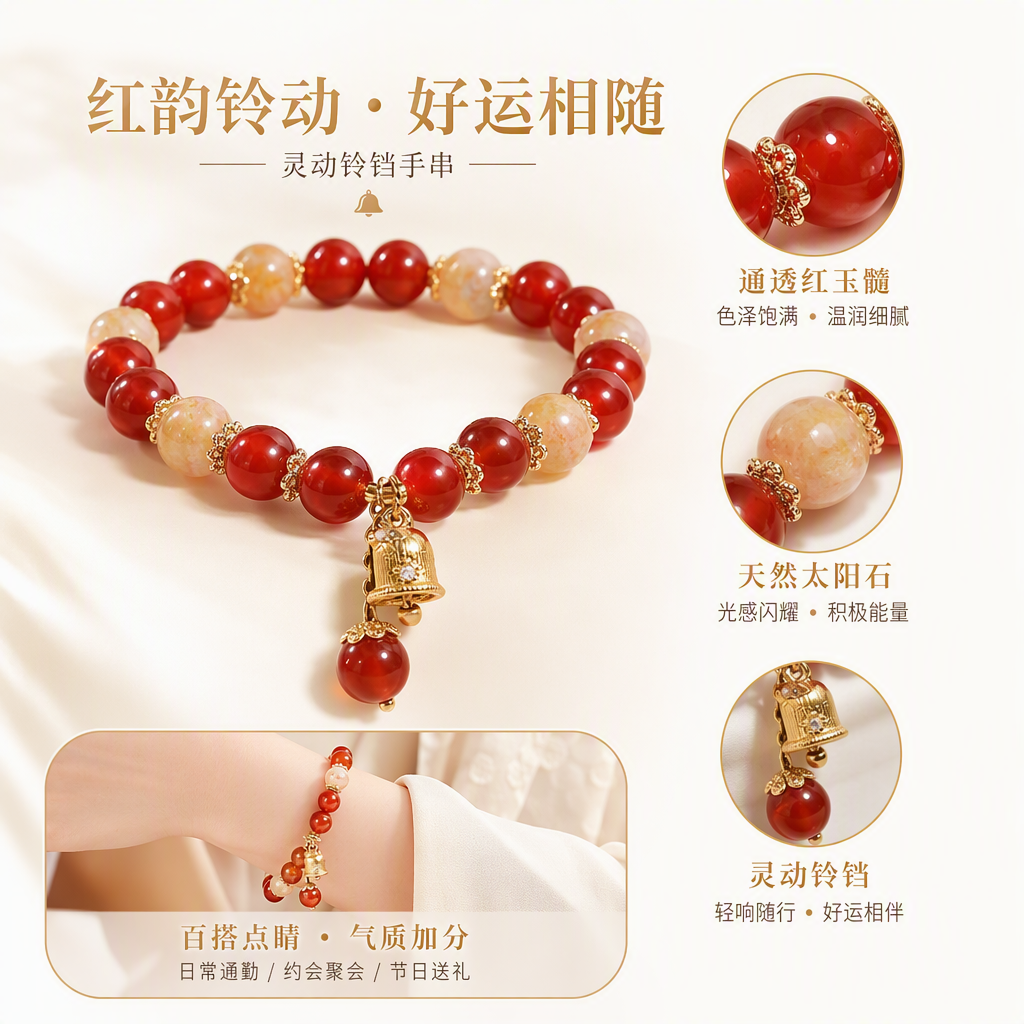 A red agate bracelet paired with a golden bell pendant is a fashionable couple gift. It's a trendy choice for your girlfriend or best friend full image