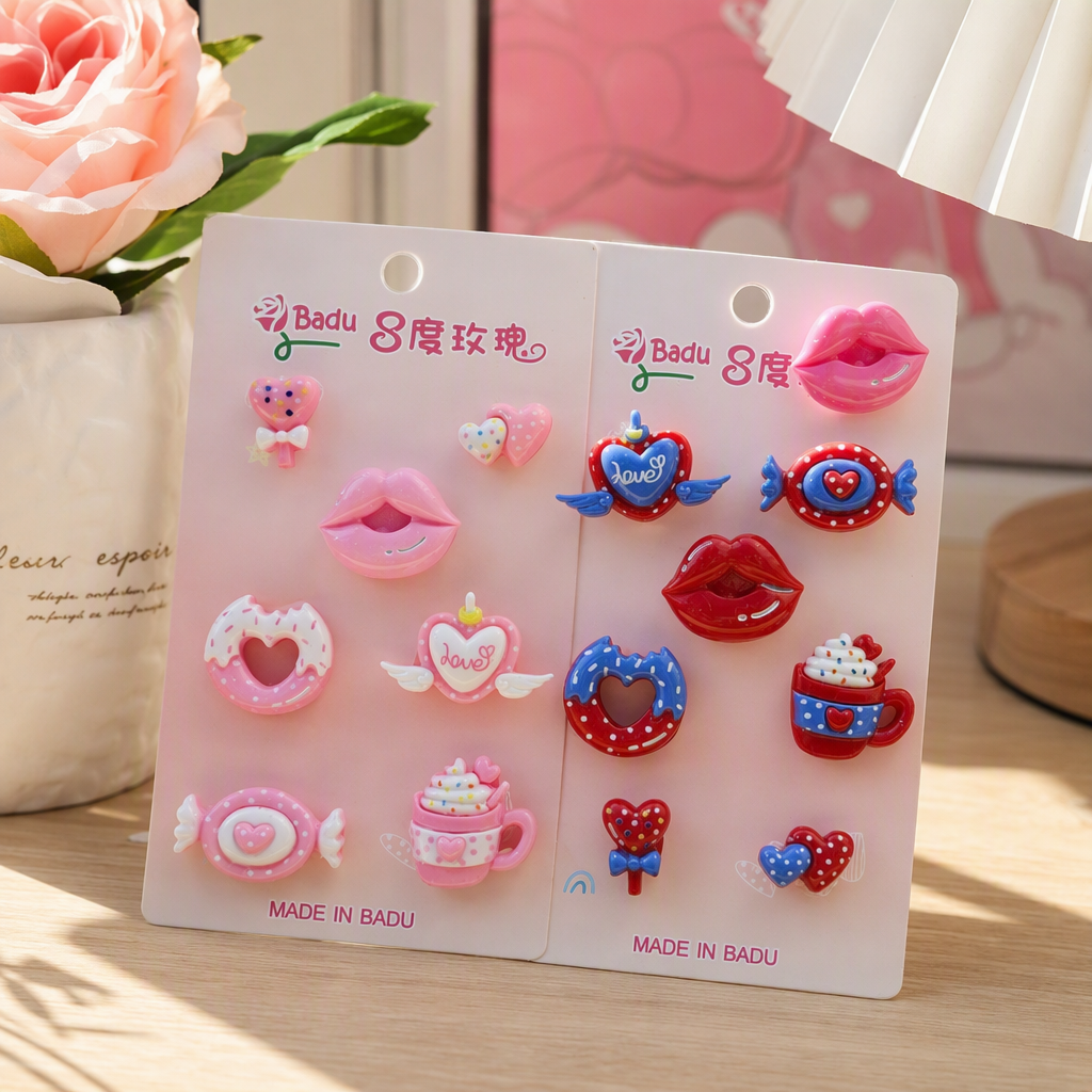 Pink and red cartoon dessert-shaped magnetic sticker combination, heart-shaped lips, doughnut, coffee cup, candy decorative stickers, creative stickers details Picture