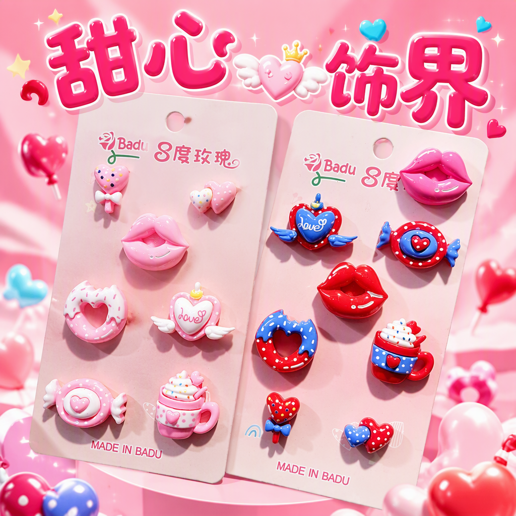 Pink and red cartoon dessert-shaped magnetic sticker combination, heart-shaped lips, doughnut, coffee cup, candy decorative stickers, creative stickers Specification image