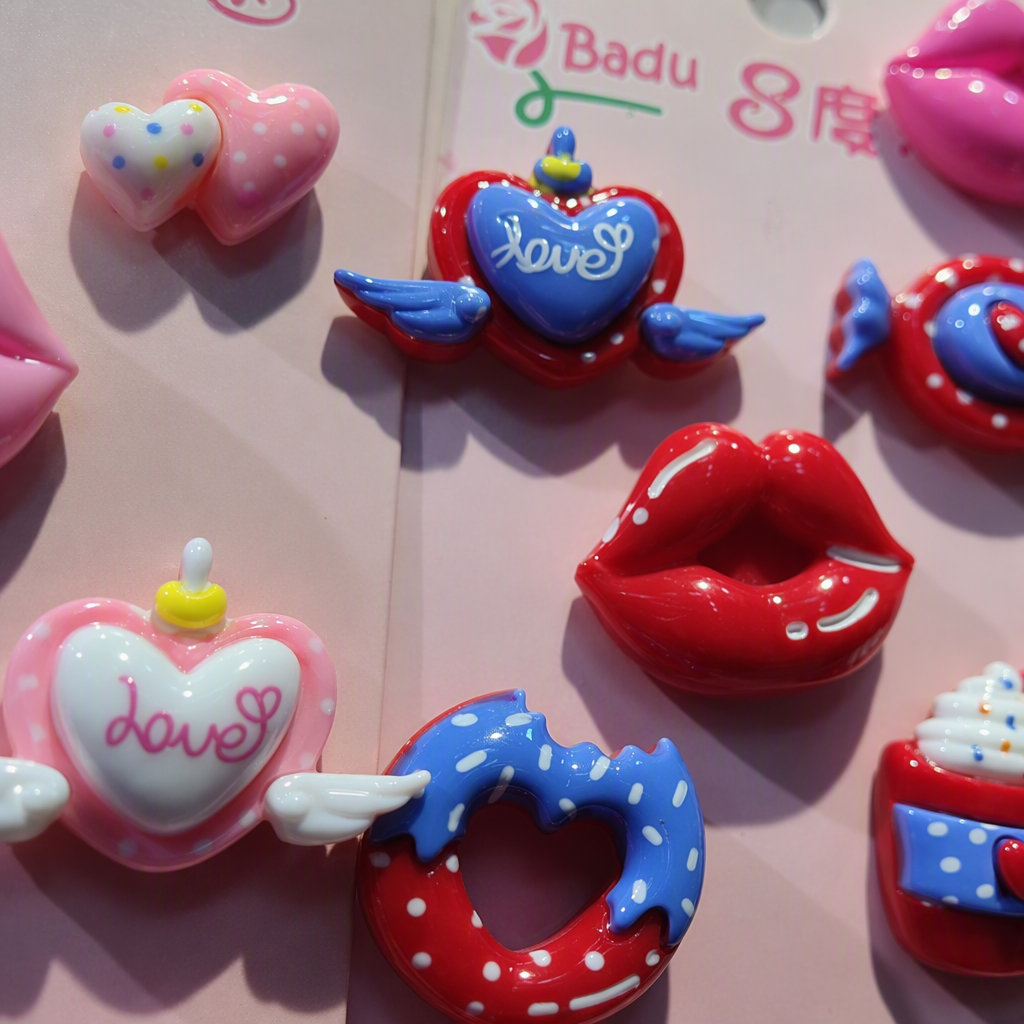 Pink and red cartoon dessert-shaped magnetic sticker combination, heart-shaped lips, doughnut, coffee cup, candy decorative stickers, creative stickers Application Scenario