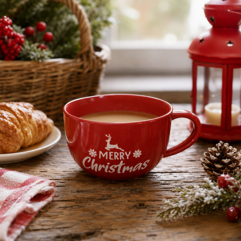 Christmas red ceramic mug, Christmas gift, creative home daily cup handle decoration, warm style details Picture
