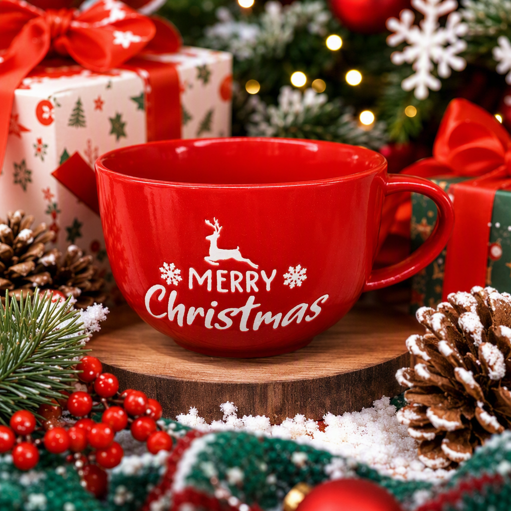 Christmas red ceramic mug, Christmas gift, creative home daily cup handle decoration, warm style Specification image