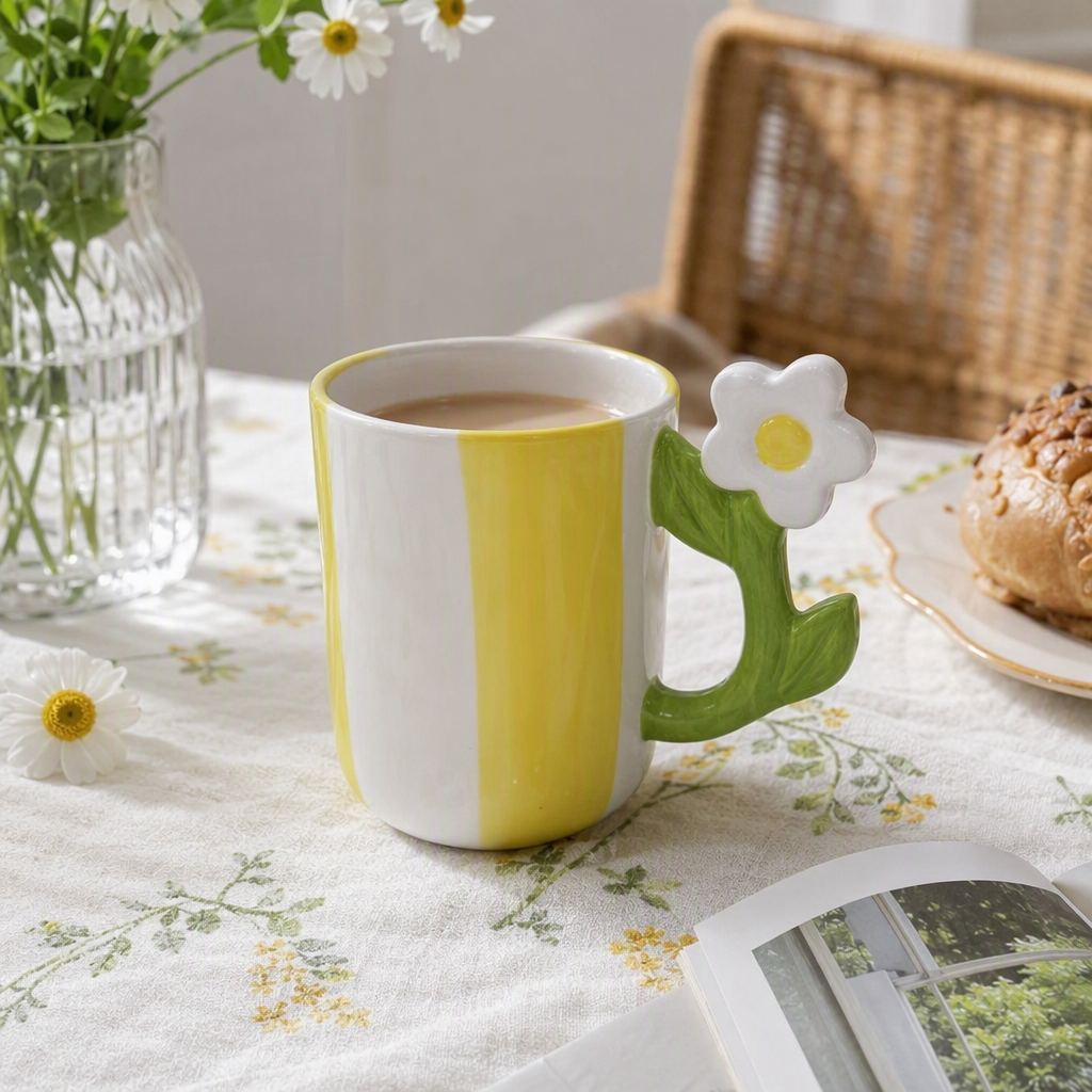Yellow and white striped ceramic cup with daisy-shaped green handle, creative coffee water cup, household daily necessities details Picture
