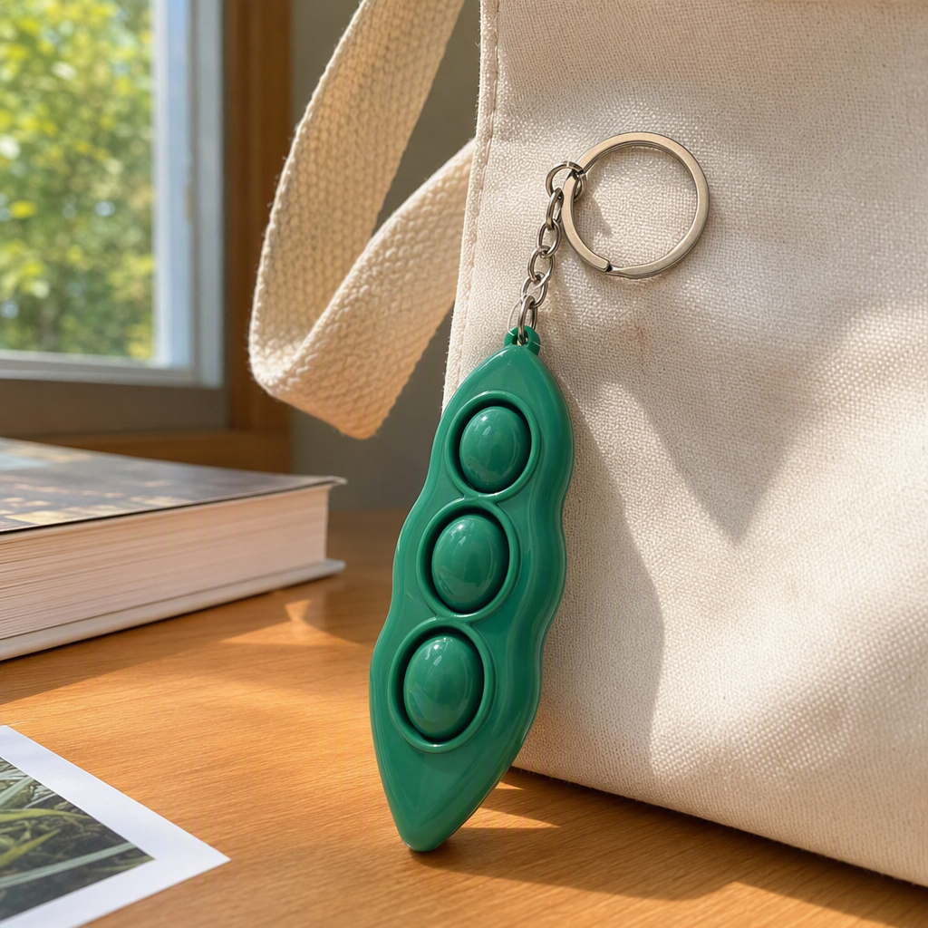 Green pea-shaped press-type toy keychain cartoon creative children's gift, cute and portable decoration details Picture