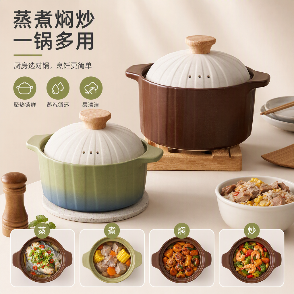 The multi-functional ceramic stew pot is green and brown with a wooden handle and white with a hole cover. It is a household soup pot that is heat-resistant and durable