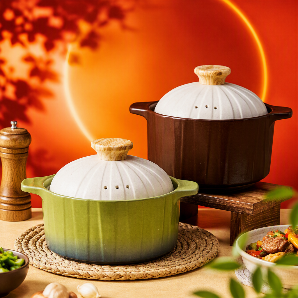 The multi-functional ceramic stew pot is green and brown with a wooden handle and white with a hole cover. It is a household soup pot that is heat-resistant and durable Specification image