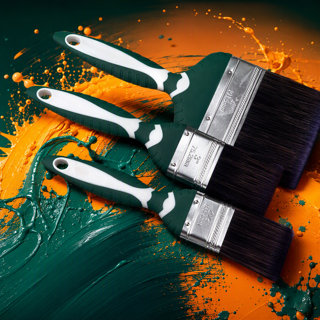 Three-piece set of multi-functional green handle paint brushes, durable coating tools, essential for home decoration Specification image